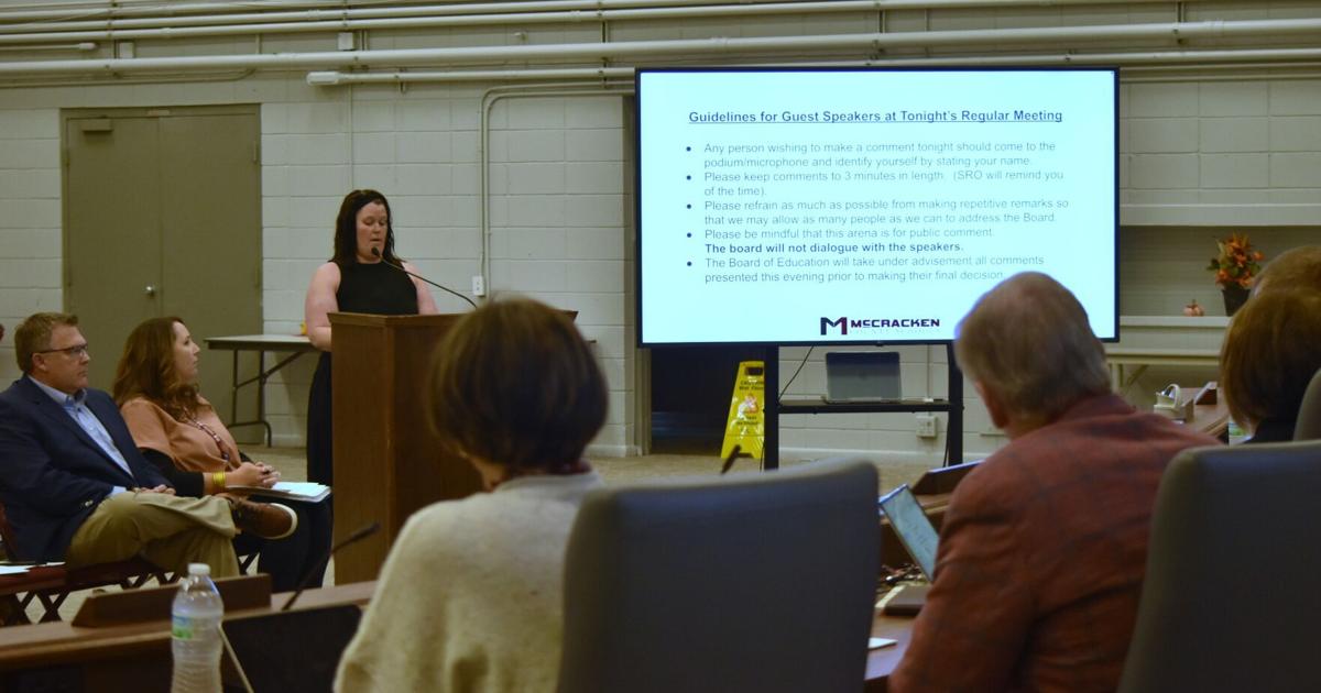 Kylie Wyman, addresses the McCracken County Schools board of education on Oct. 22. Wyman is one of two parents who made public comments involving the district and transportation department's transparency and communication following and incident where a bus was shot with a BB gun Monday.