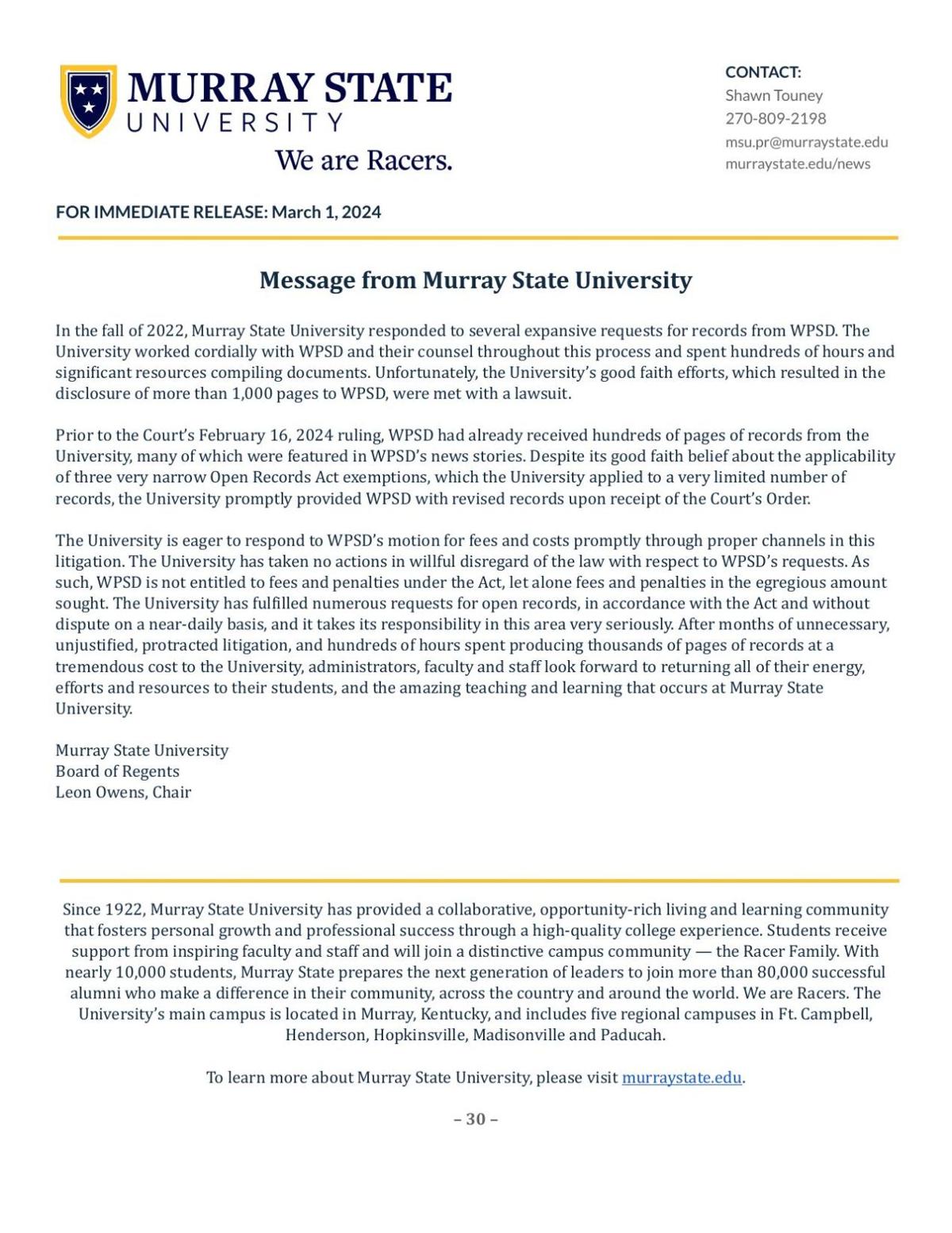 Message from Murray State University