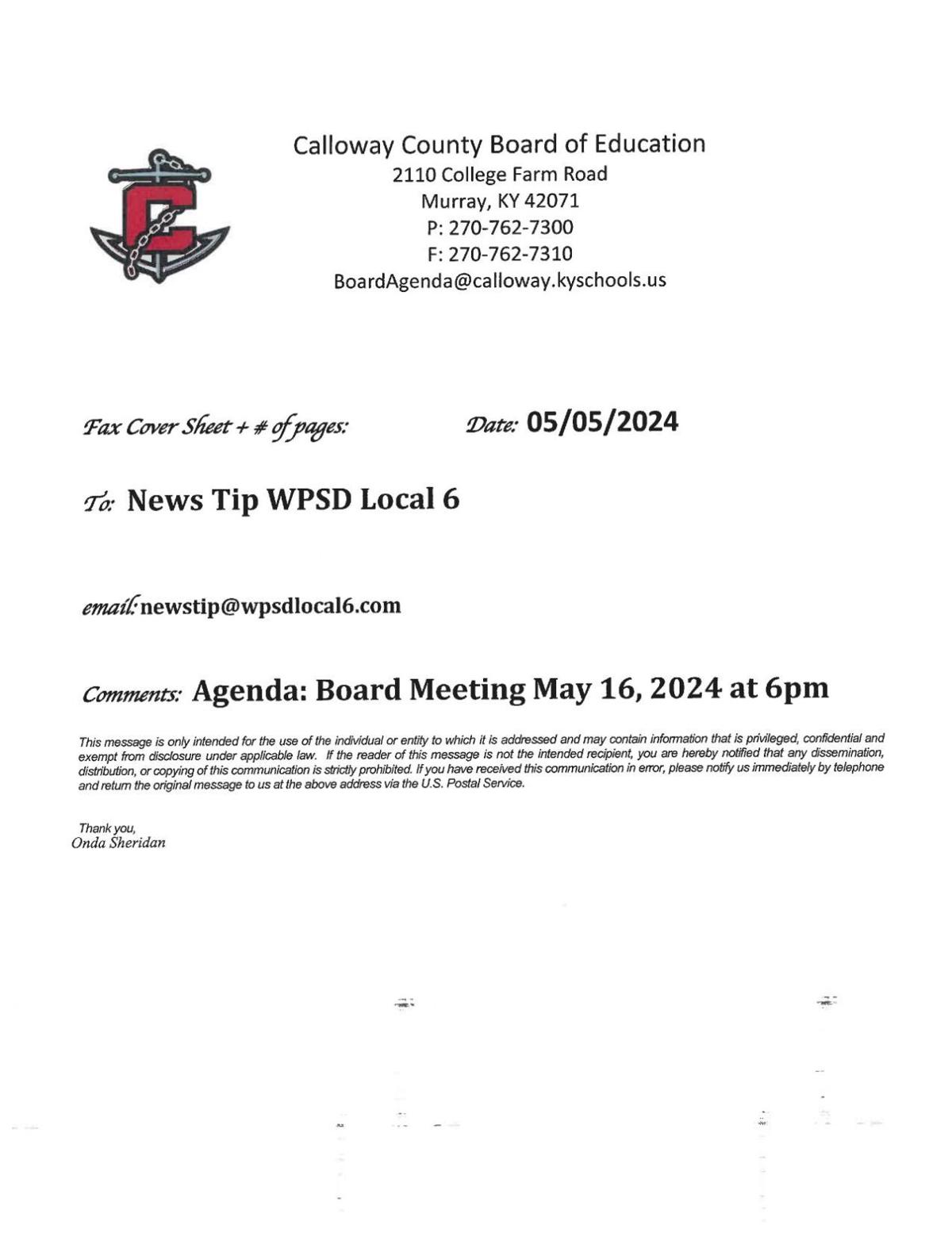 Calloway County Board of Education to hold Thursday meeting News