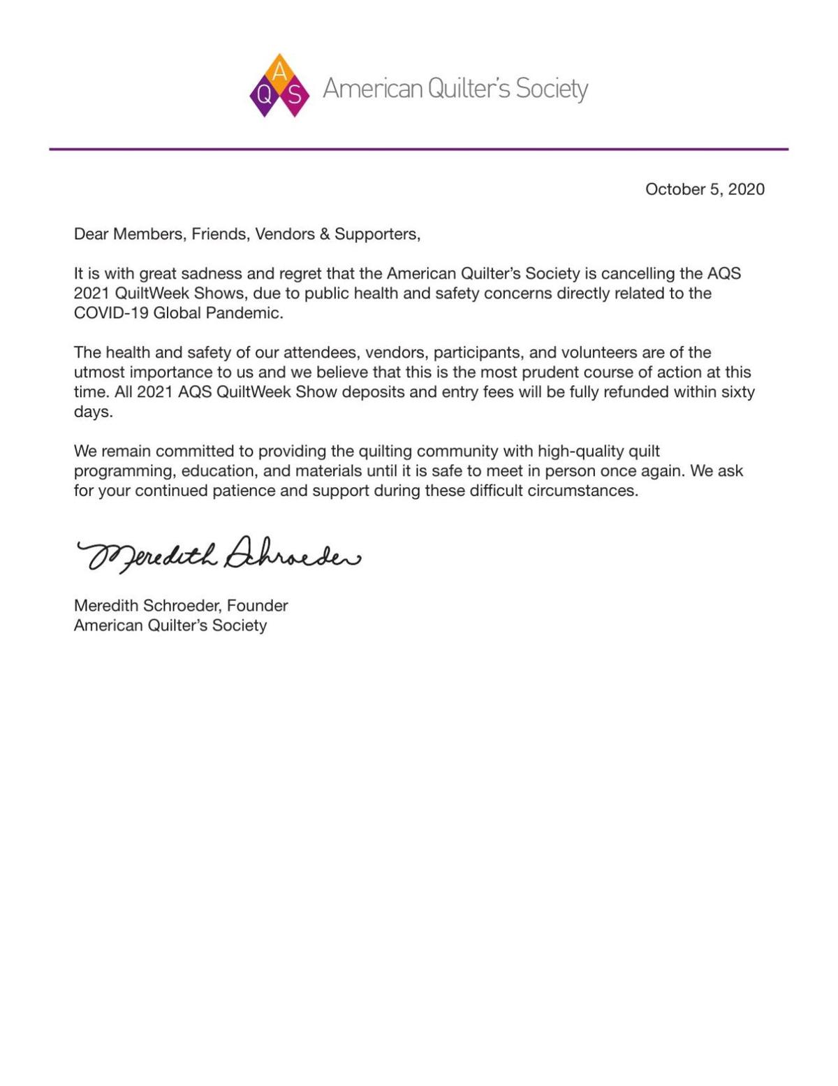 2021 AQS QuiltWeek Shows canceled due to COVID19 concerns News