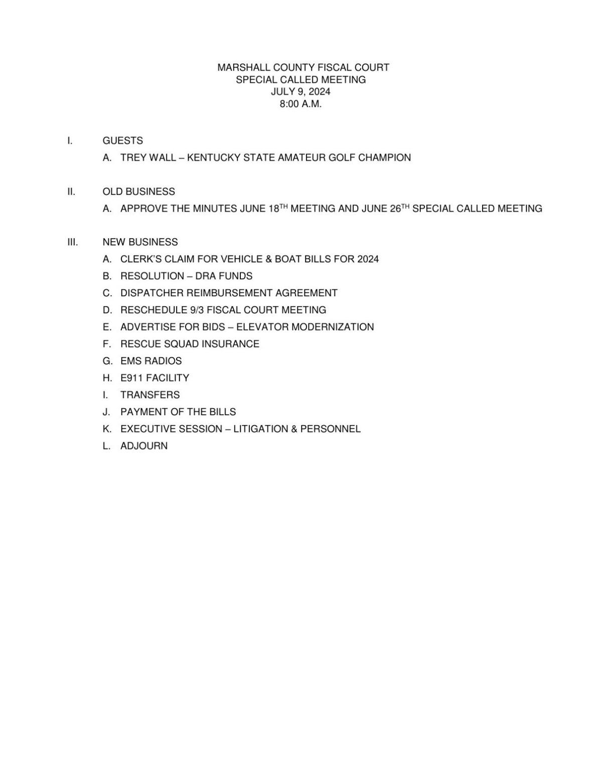 Marshall County Fiscal Court to hold Tuesday special meeting Meeting
