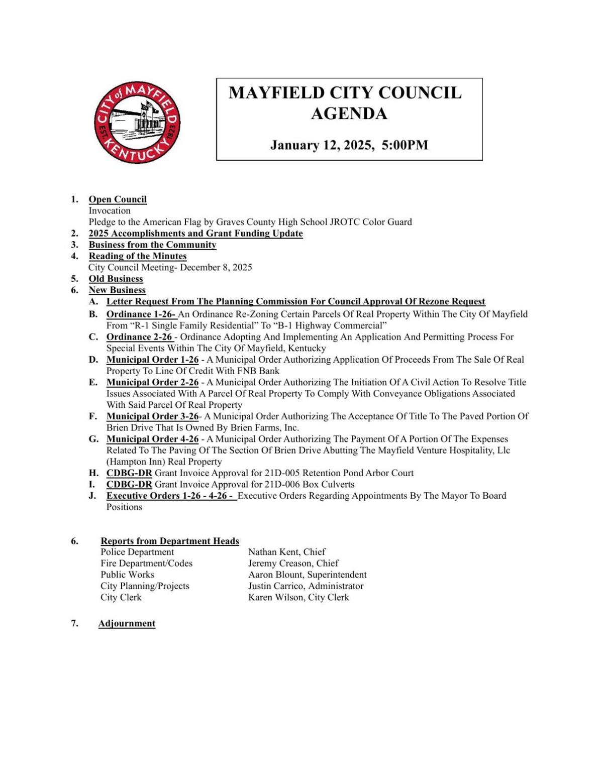 Mayfield City Council to hold Monday meeting | Community | WPSD Local 6