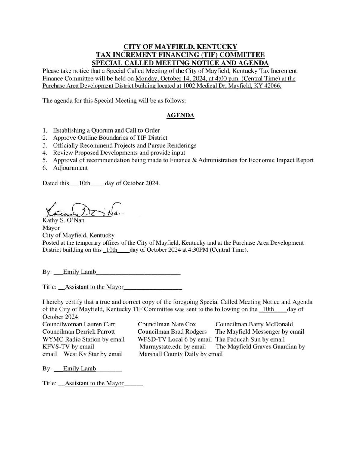 City of Mayfield Tax Increment Financing Committee to hold Monday 