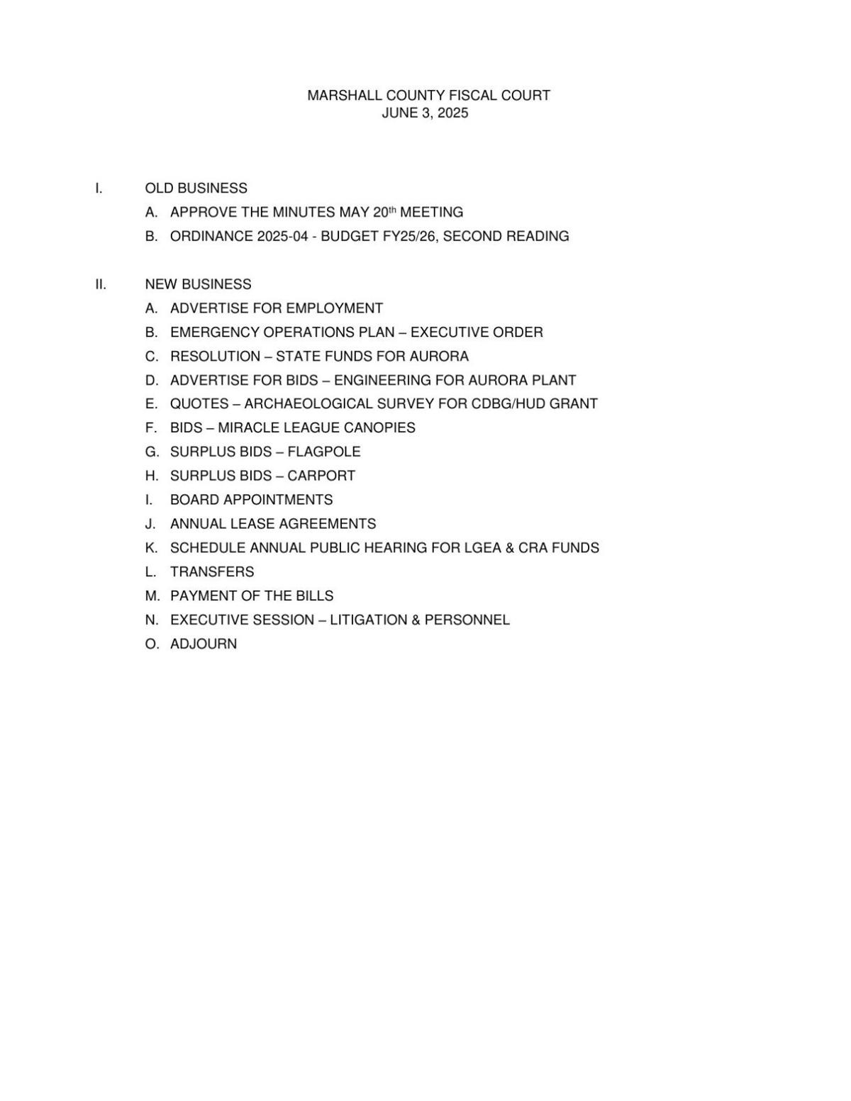 Marshall County Fiscal Court to hold Tuesday meeting Meeting Agendas