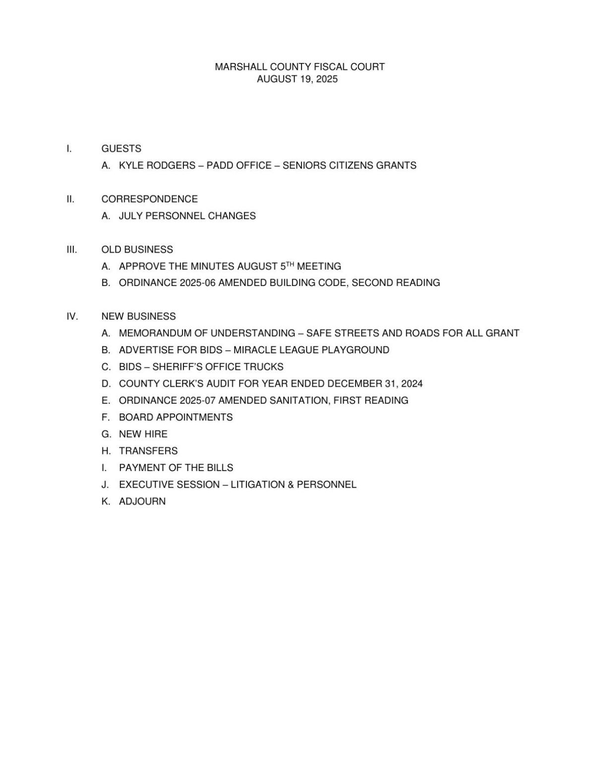 Marshall County Fiscal Court to hold Tuesday meeting Meeting Agendas