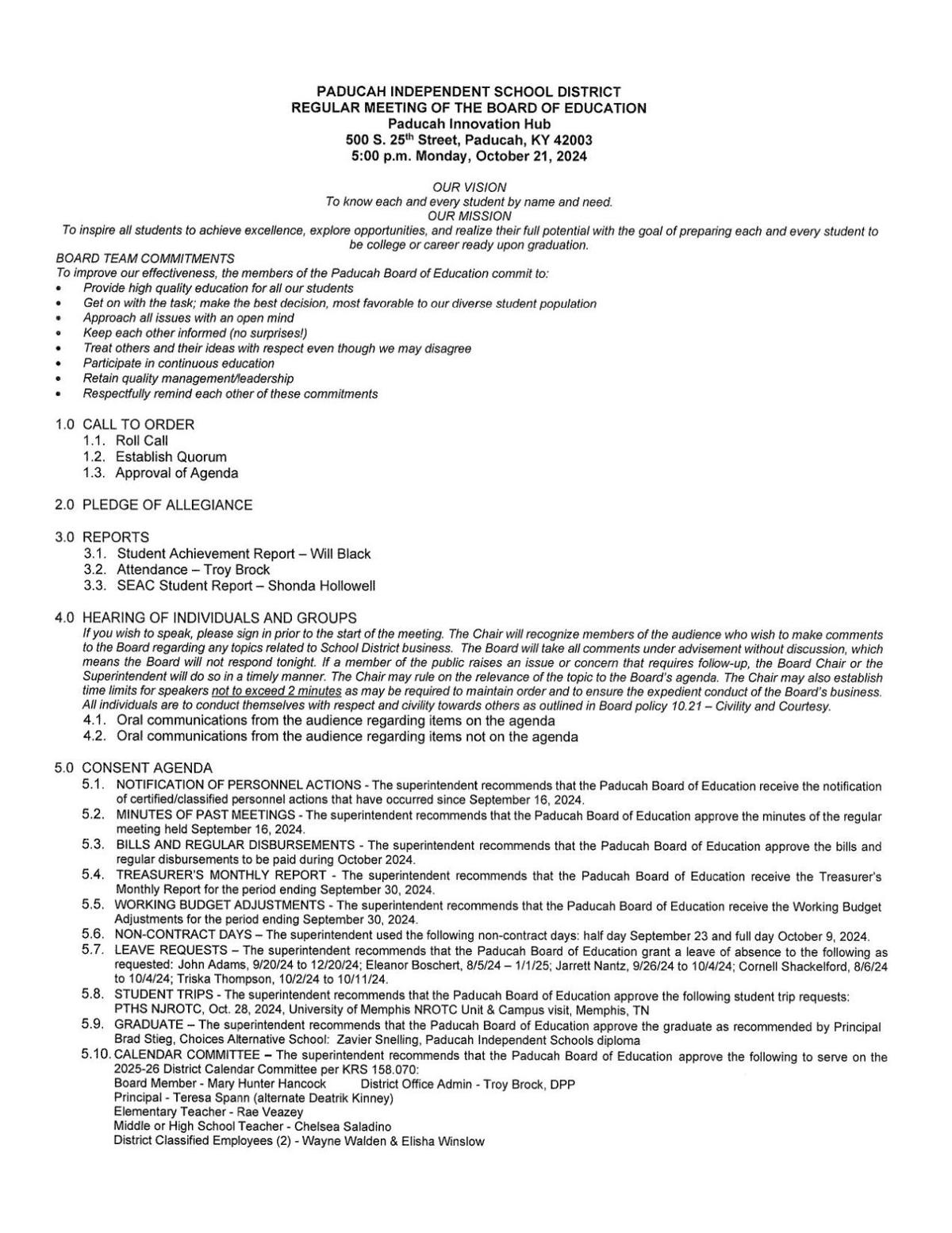 Paducah Independent School District Board of Education to hold Monday