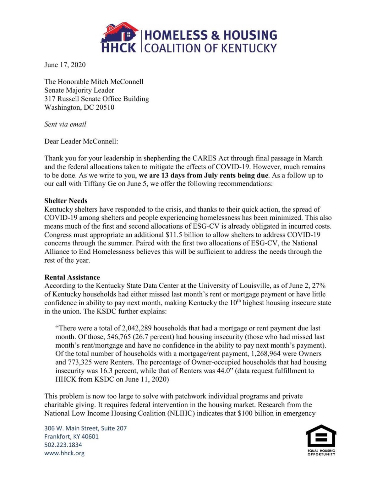 Homeless and Housing Coalition Letter