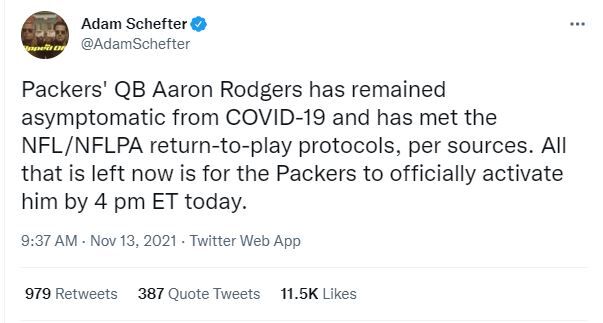 Aaron Rodgers officially activated to return for Sunday's game against  Seattle