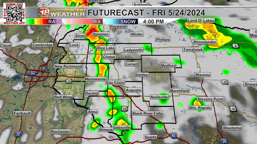 Yesterday's storms brought heavy rain, with Eau Claire again above