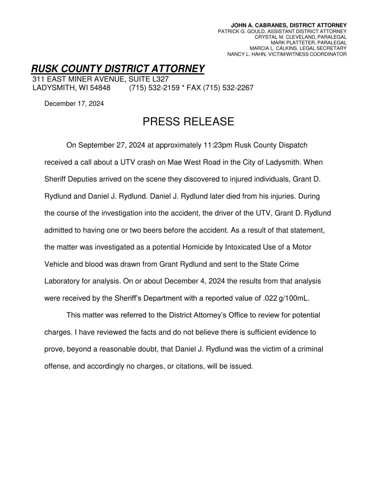 DA: No charges will be filed after fatal UTV crash in Ladysmith | Crime ...