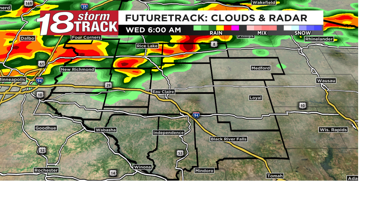 Waves of scattered showers and thunderstorms on Wednesday
