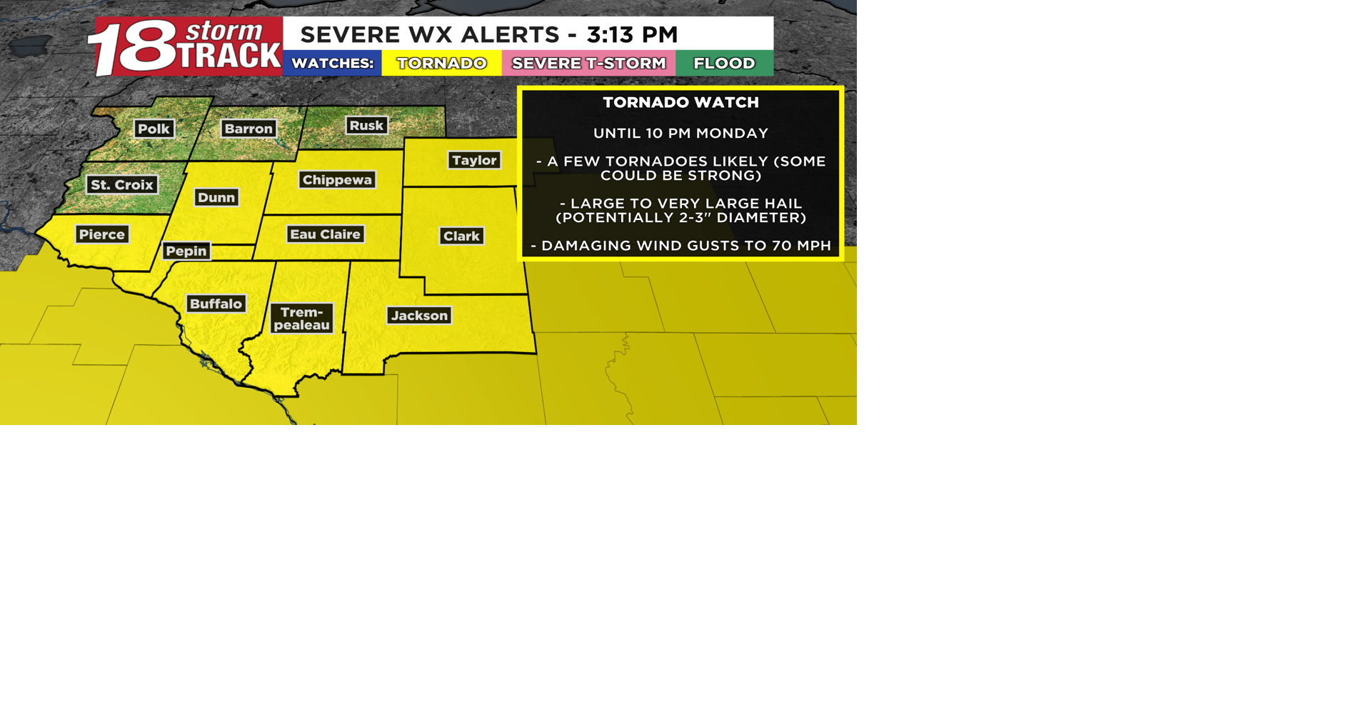 Tracking strong to severe storms Monday evening across western Wisconsin; TORNADO WATCH in place until 10 PM