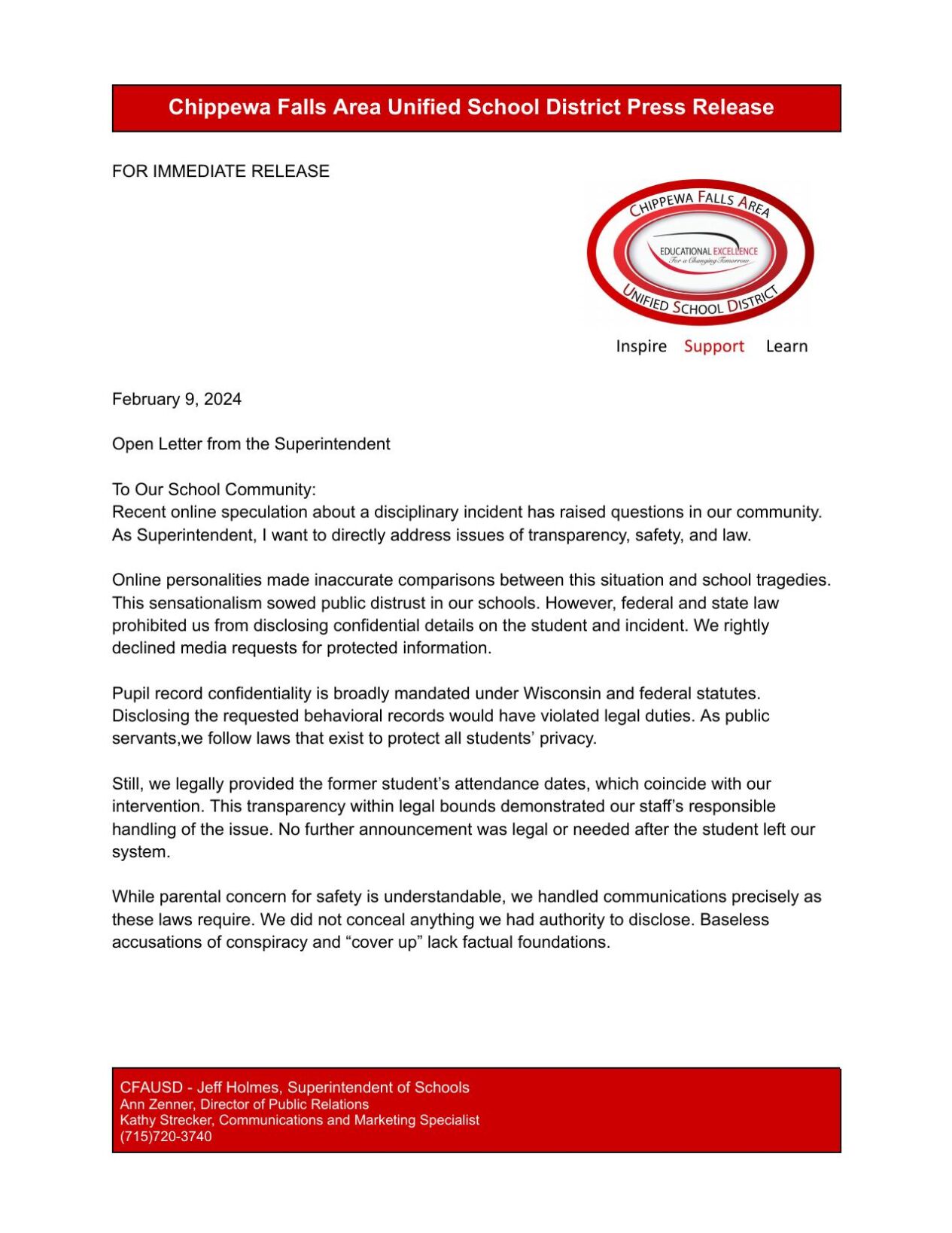 Chippewa Falls Superintendent pens open letter on legality of