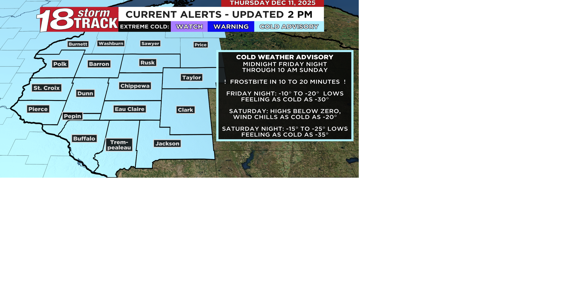 Cold Weather Advisory in effect Friday night through Sunday after Friday's cold front brings a chance for light snow