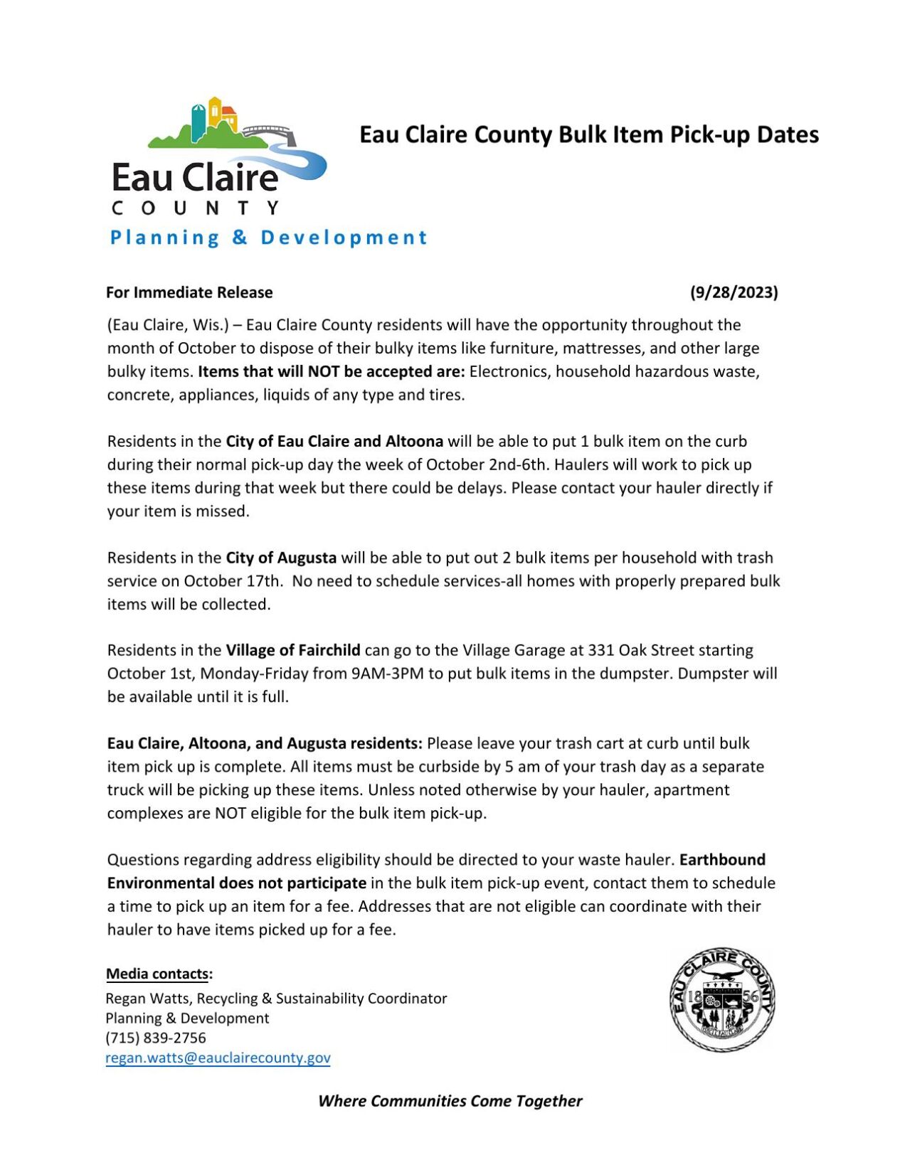 Dates announced for Eau Claire County bulk pickup News