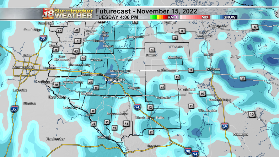Eau Claire hit 1" snow for first time this season on Monday with more