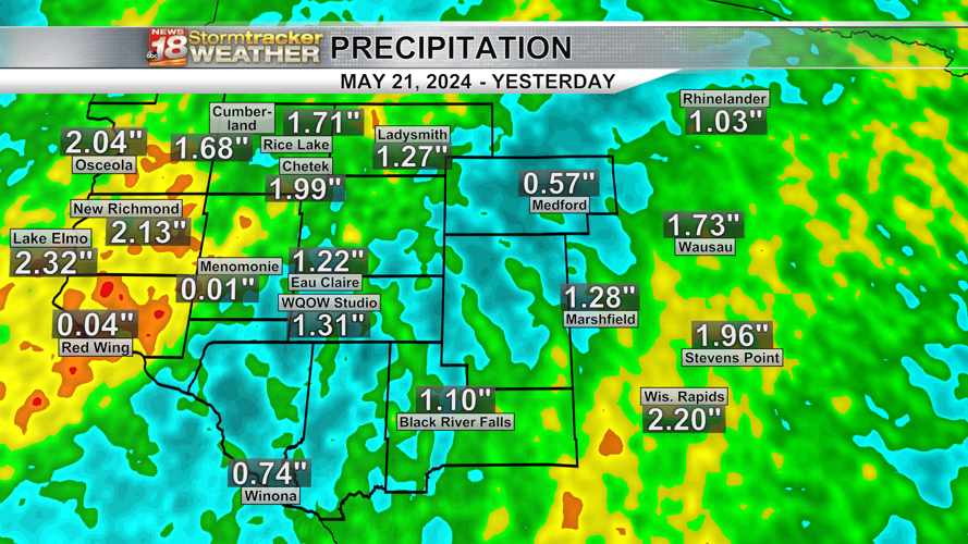 Yesterday's storms brought heavy rain, with Eau Claire again above