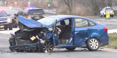 A closeup of one of the cars involved in the crash.