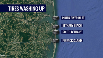 Tires washing up on Delaware beaches