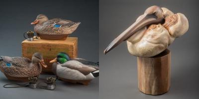 Examples of museum exhibits include carvings from "Best in World" title winner Pat Godin, left, and a collection that focuses on the history of women carvers, right. Courtesy Ward Museum.