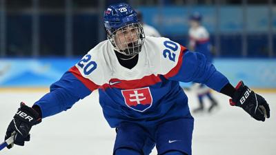 Juraj Slafkovsky in action during the men's preliminary round group C match of the Beijing 2022 Winter Olympic Games ice hockey competition between Slovakia and Latvia.