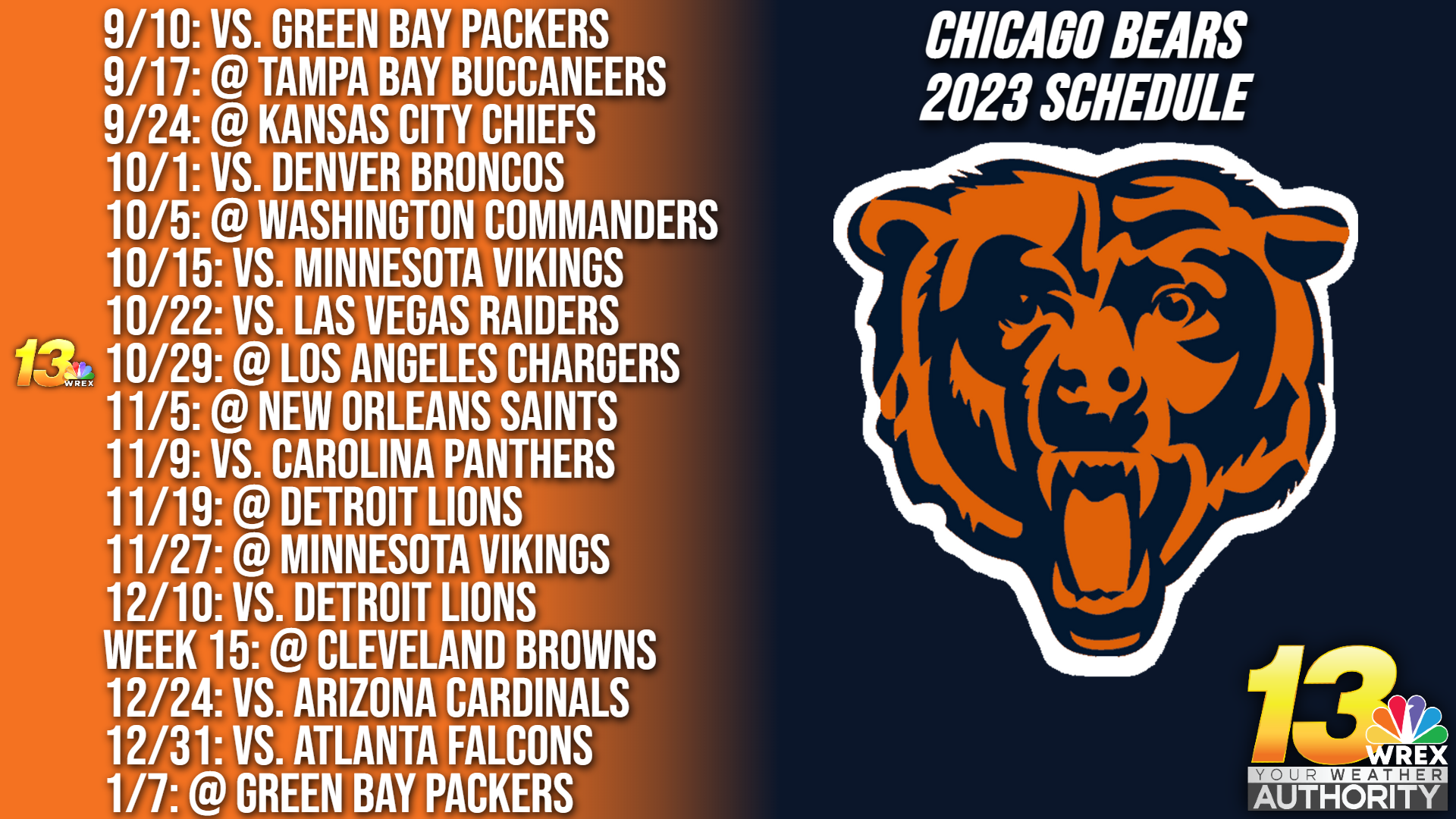 NFL Schedule Release: Chicago Bears 2023-24 Opponents | Top Stories | wrex.com NFL Schedule Release: Chicago Bears 2023-24 Opponents | Top Stories | wrex.com