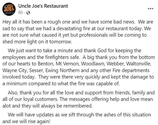 Fire burns nationally renowned Uncle Joe's Restaurant in Ina Catering