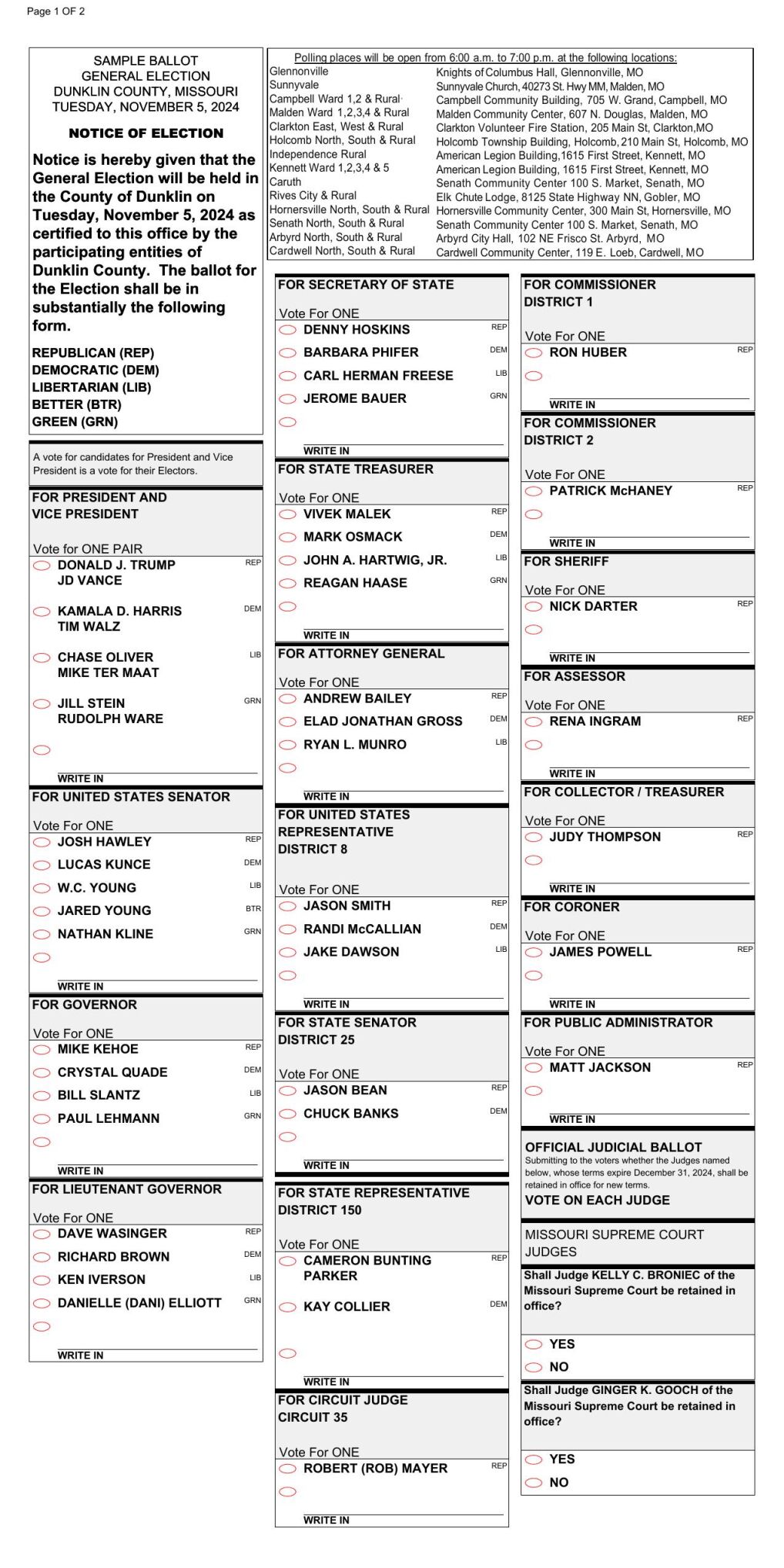 Missouri Sample Ballots for November 5, 2024