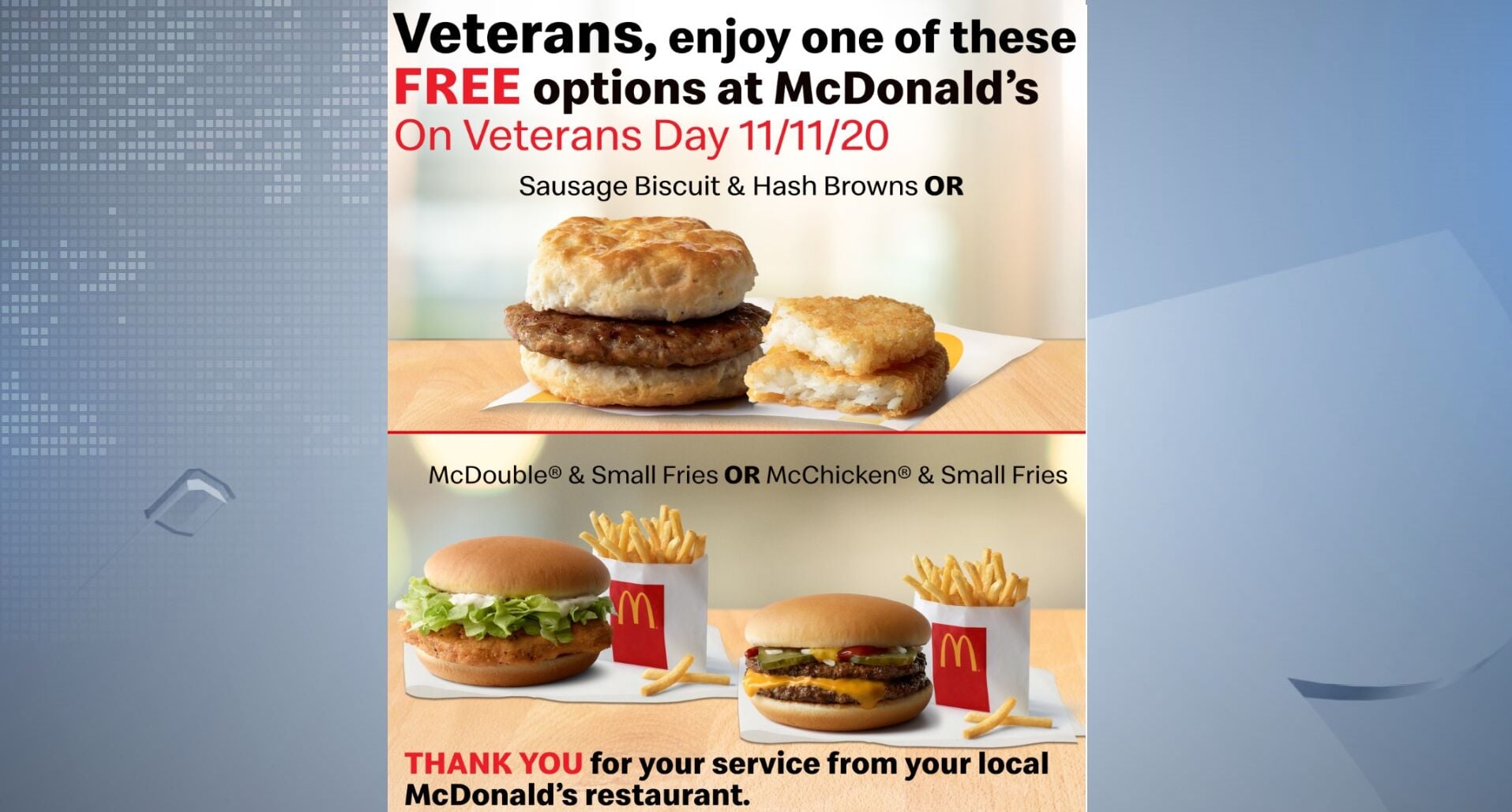 Local McDonald's restaurants offering free meals to veterans | Consumer  Watch | wsiltv.com