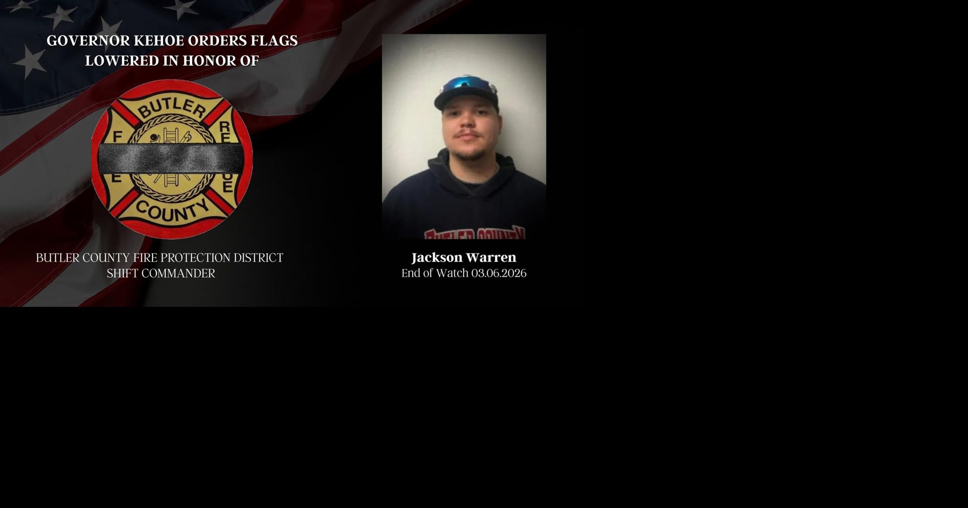 Governor Orders Flags at Half-Staff to Honor Butler County Firefighter Killed in Line of Duty