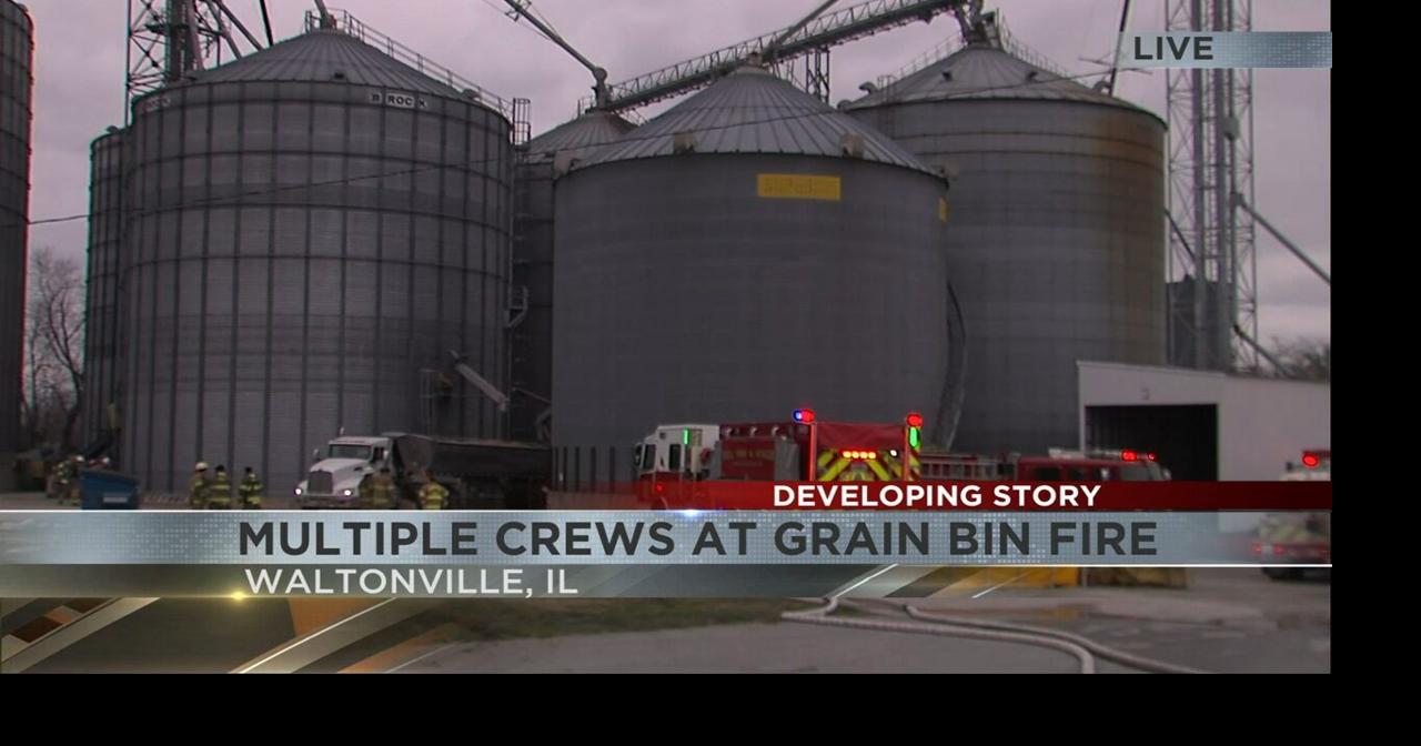 Multiple crews working grain bin fire in Waltonville Video