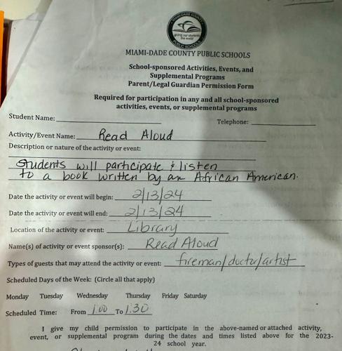 Parents in Miami-Dade County receive permission slips asking if children can participate in Black History Month activity