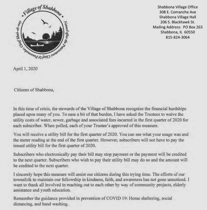 Shabbona Mayor Says Village Will Waive Utility Bills During First