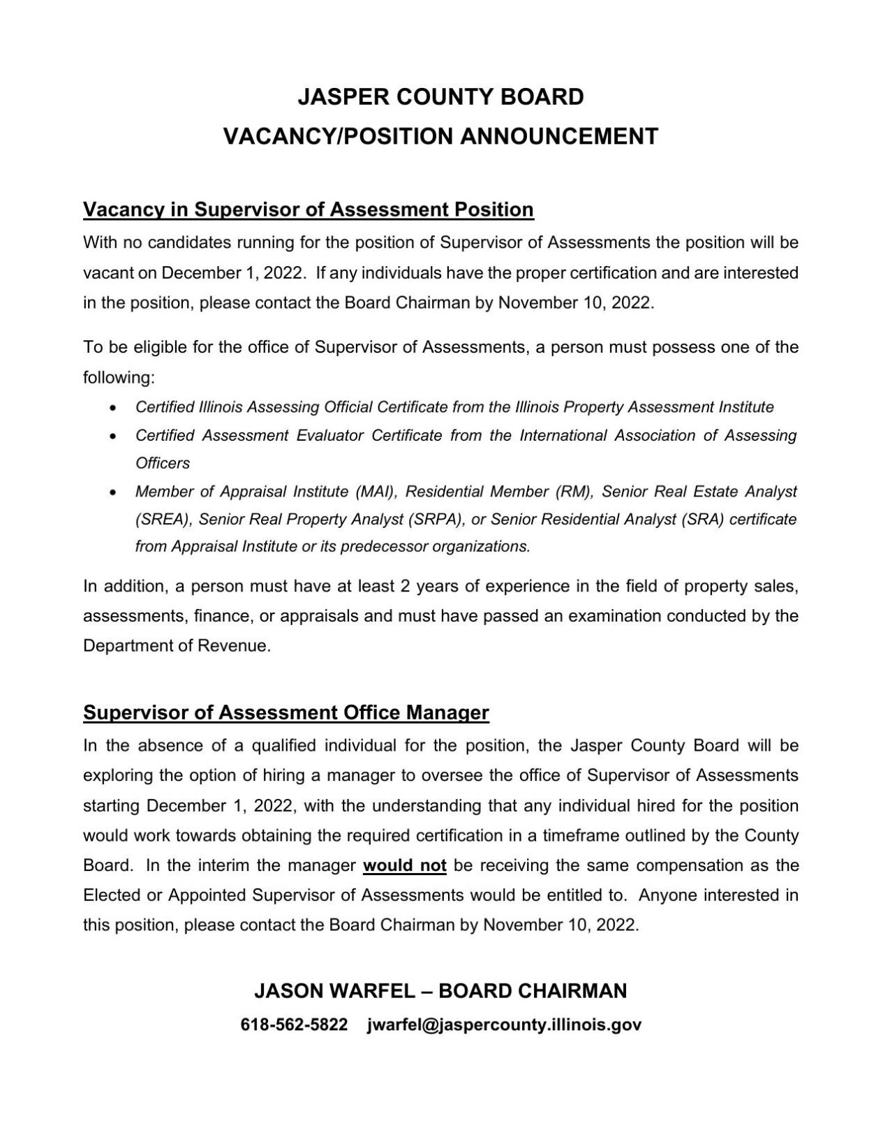 Jasper County Assessor Vacancy Announcement