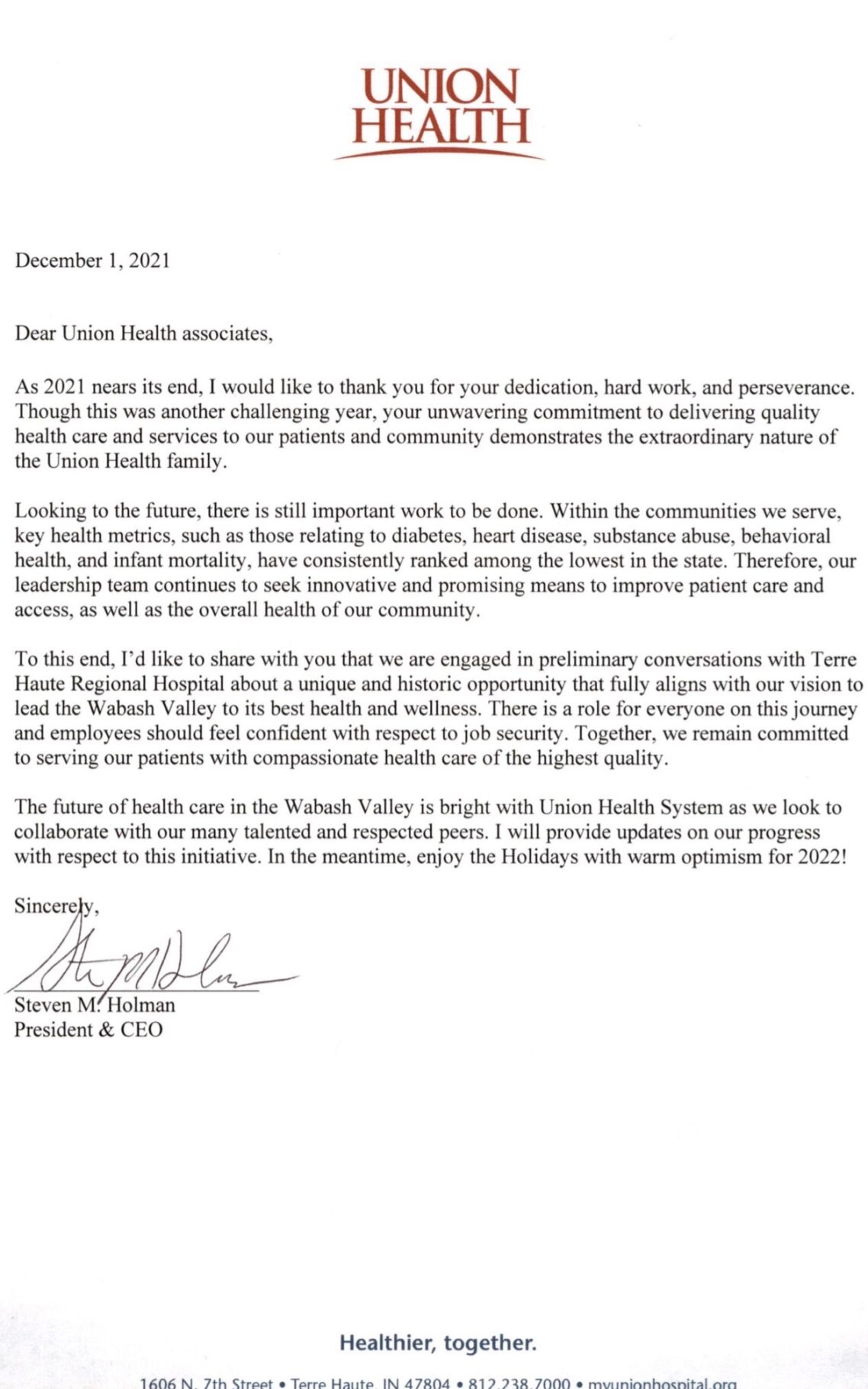 Union Health Letter to Employees