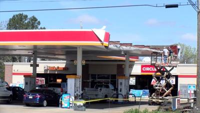 Storm damage at Circle K gas station in Winona, Mississippi