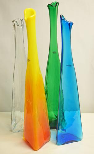 Blenko midcentury organic vase vs modern geometric design side by side
