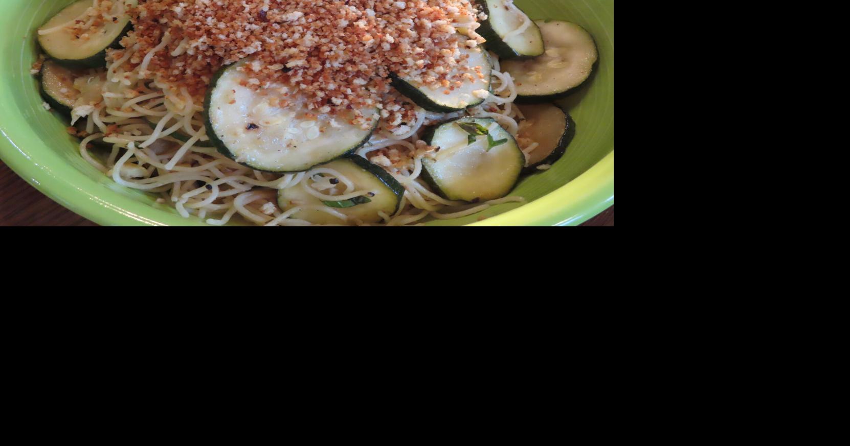 Farmer's Table: Lemon Basil Angel Hair Pasta with Zucchini and Panko Topping