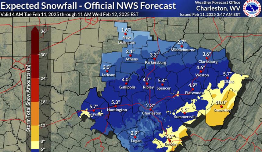 NWS  snow amount forecast for Feb. 11, 2025