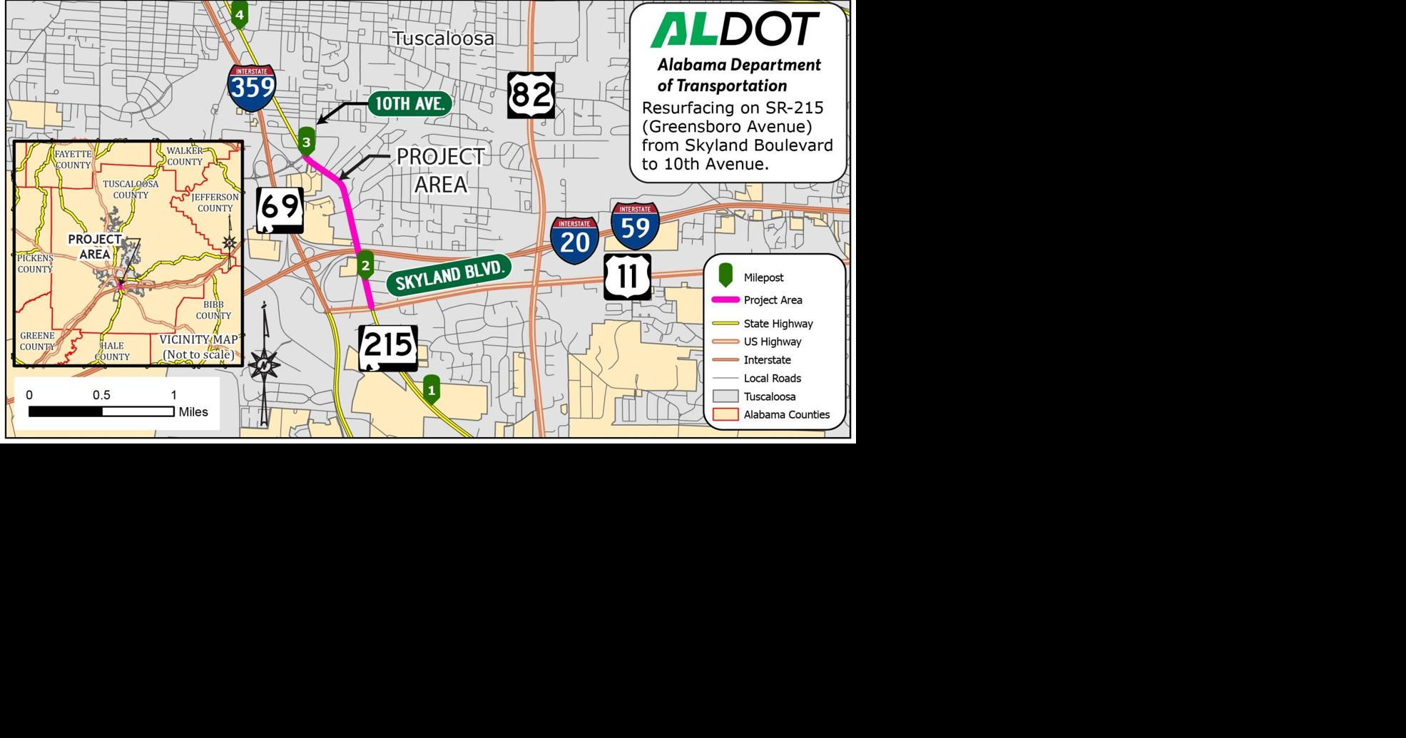 Greensboro Avenue between Skyland and 10th Avenue in Tuscaloosa undergoing resurfacing work starting Sunday