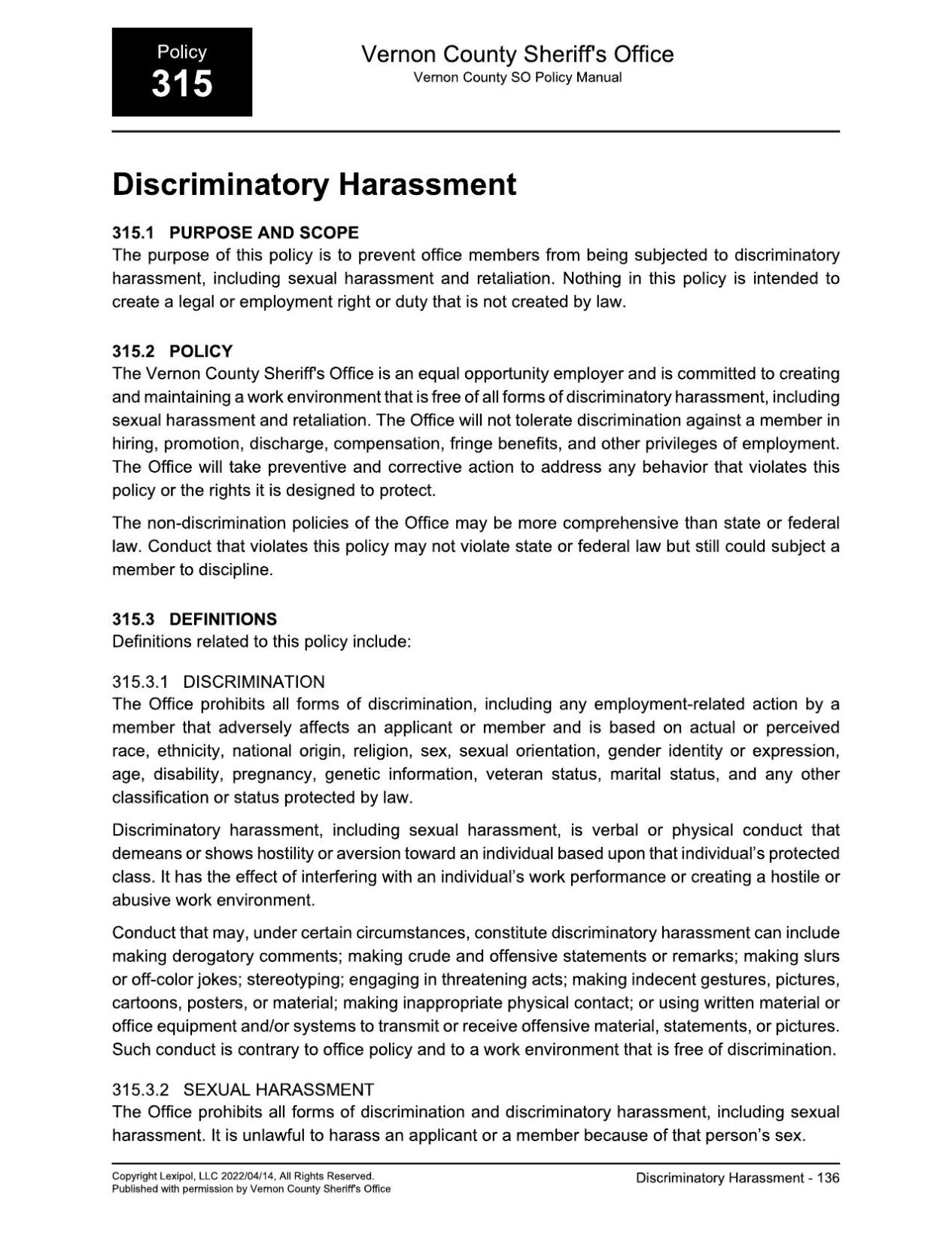 Sheriff's Office Policy 315-harassment 