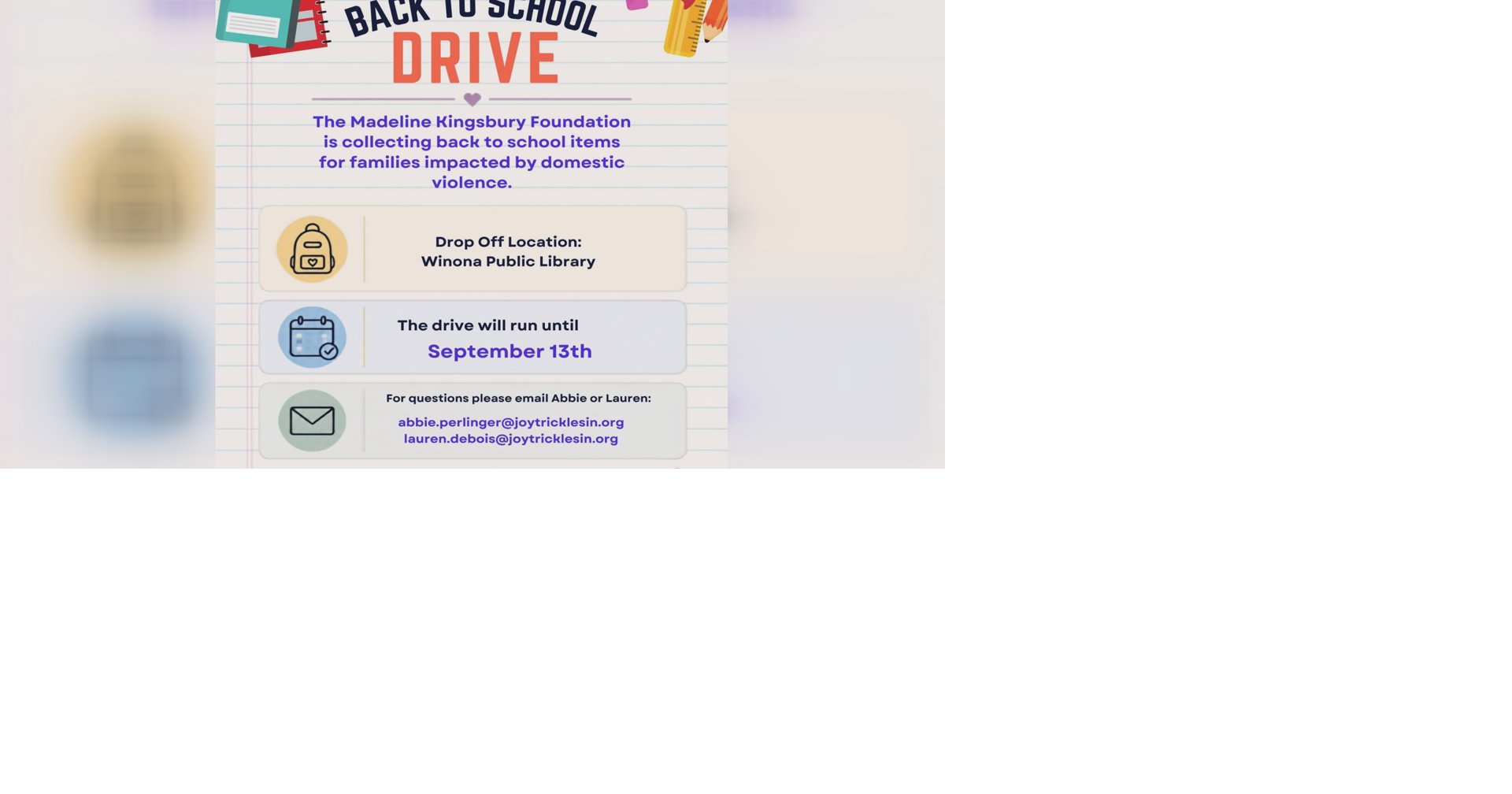 Madeline Kingsbury Foundation collecting back-to-school supplies for families impacted by domestic violence