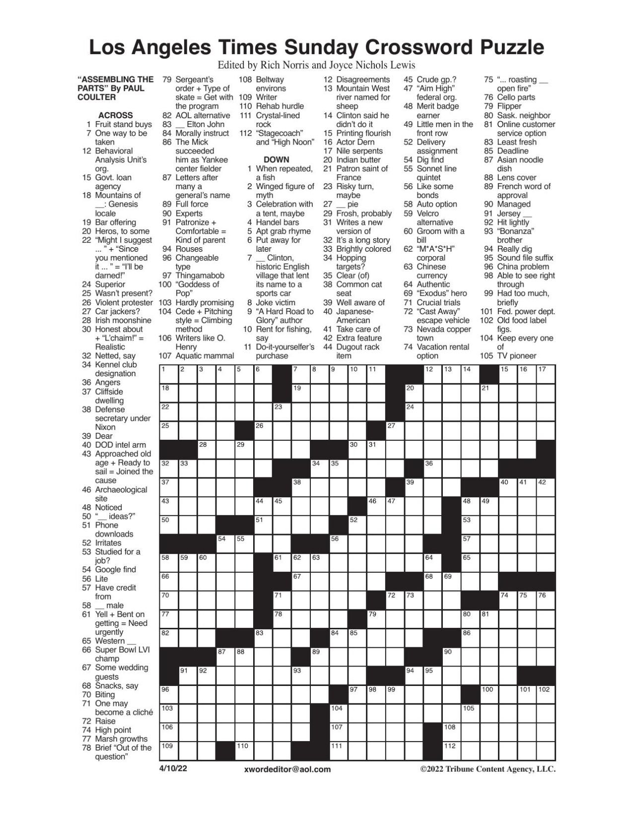 LA Times Crossword 10 Apr 22, Sunday 