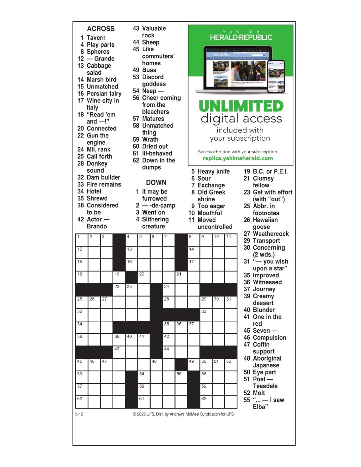 AM Crossword: May 12, 2025 | Crosswords | yakimaherald.com