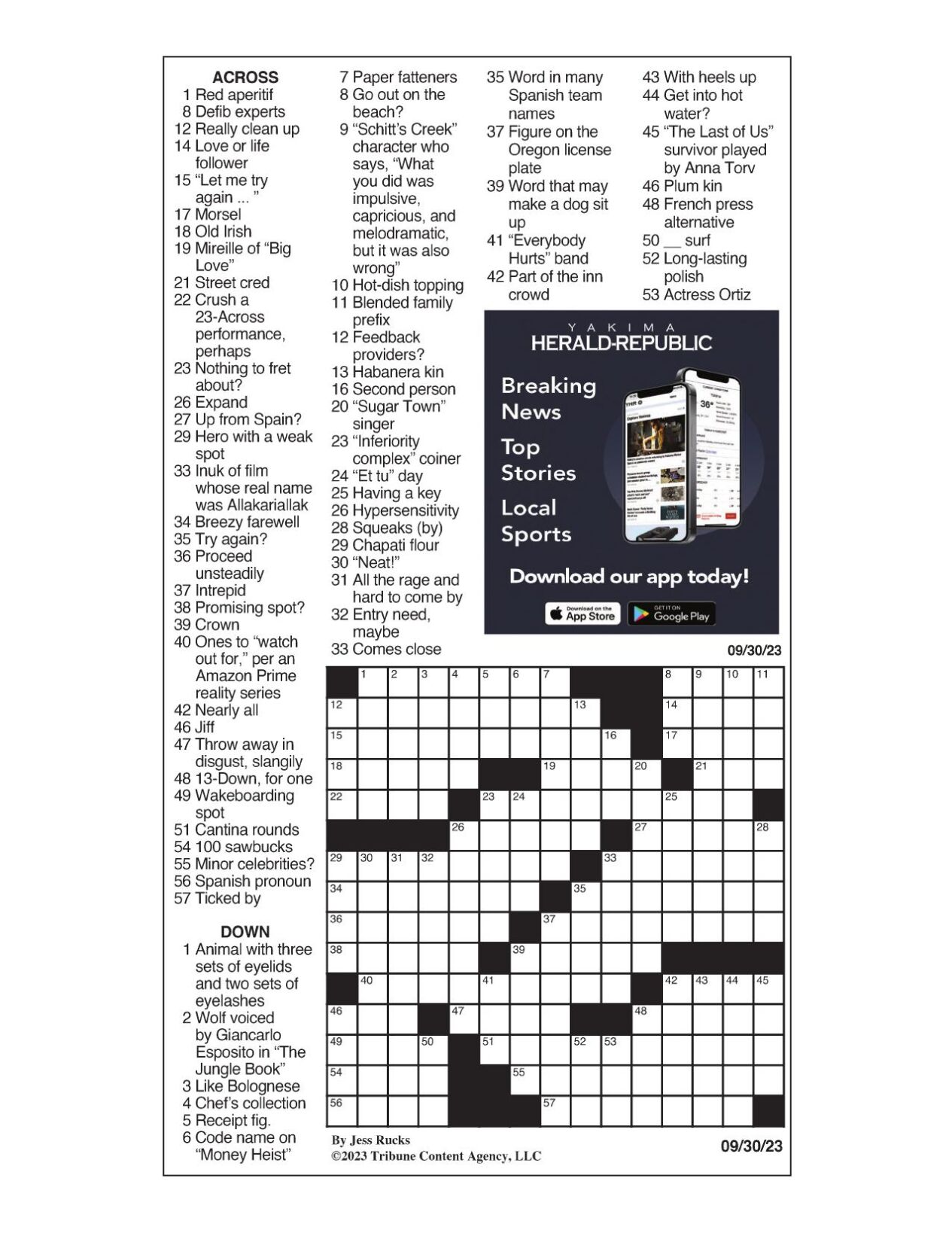 LA Times Crossword: Sept. 30, 2023 | Crosswords | yakimaherald.com