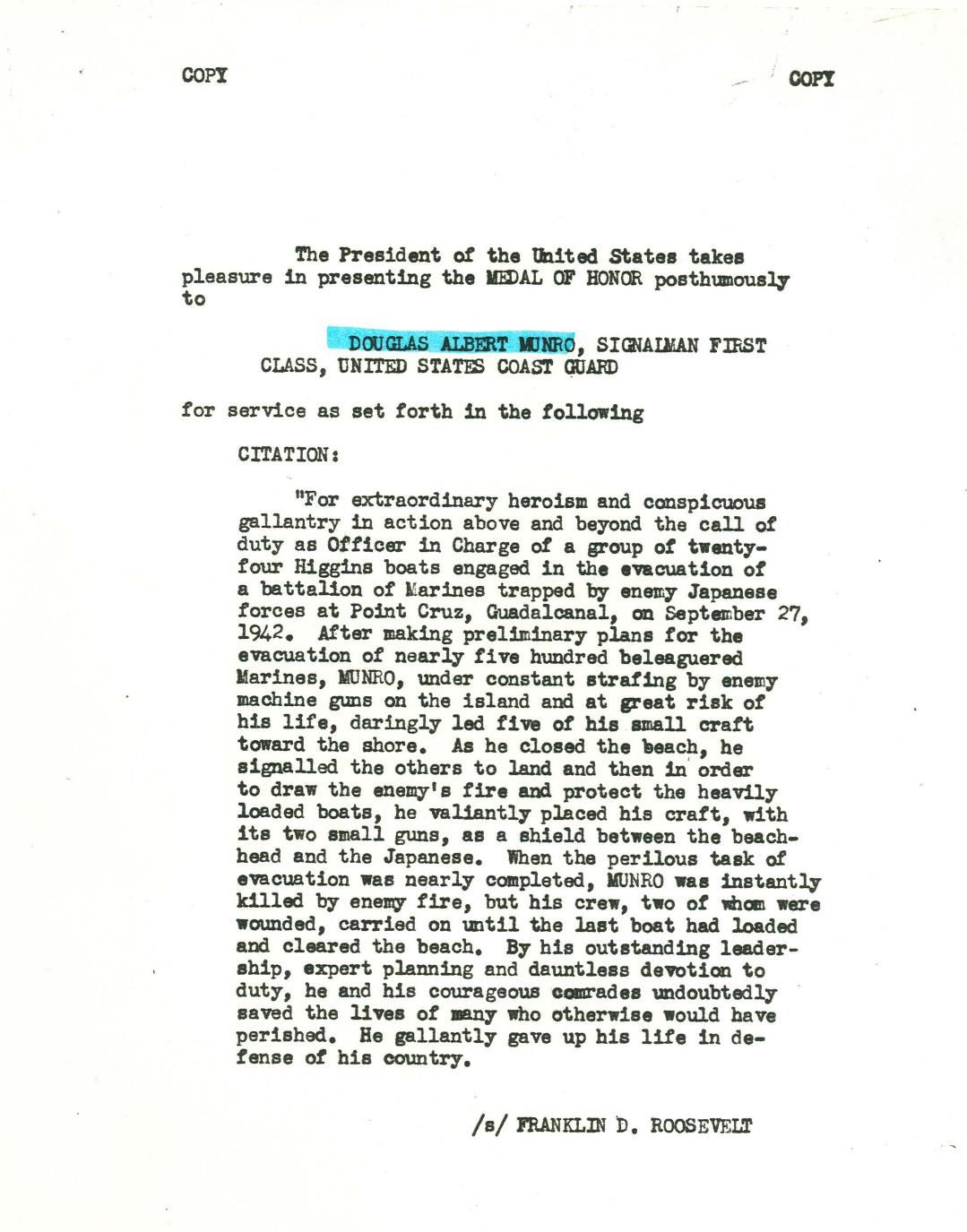 READ Medal of Honor Citation for Douglas Munro