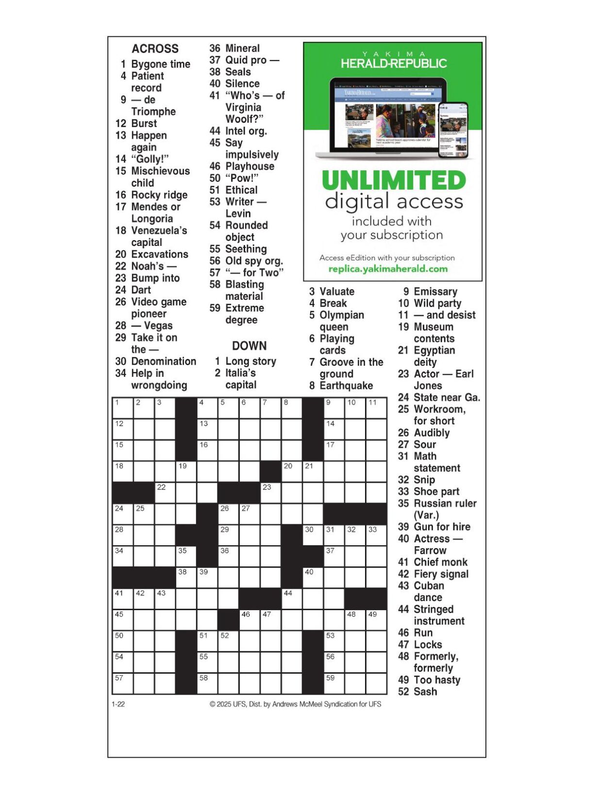 AM Crossword: Jan 22 2025 Crosswords yakimaherald com AM Crossword: Jan 22 2025 Crosswords yakimaherald com