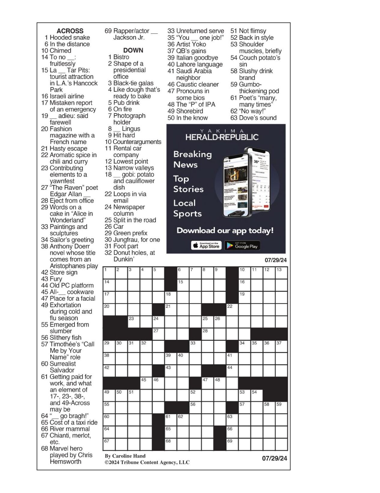 LA Times Crossword: July 29, 2024 | Crosswords | yakimaherald.com
