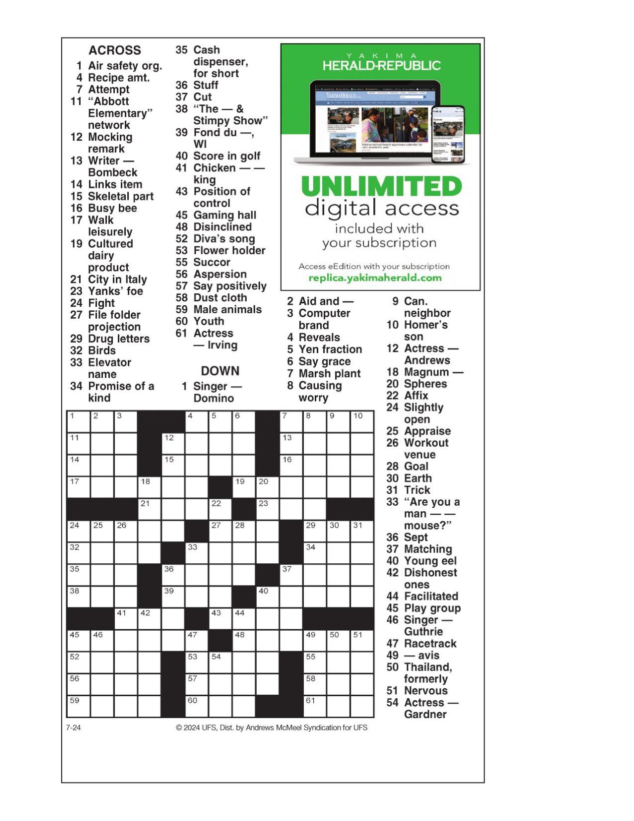 AM Crossword: July 24, 2024 | Crosswords | Yakimaherald.com