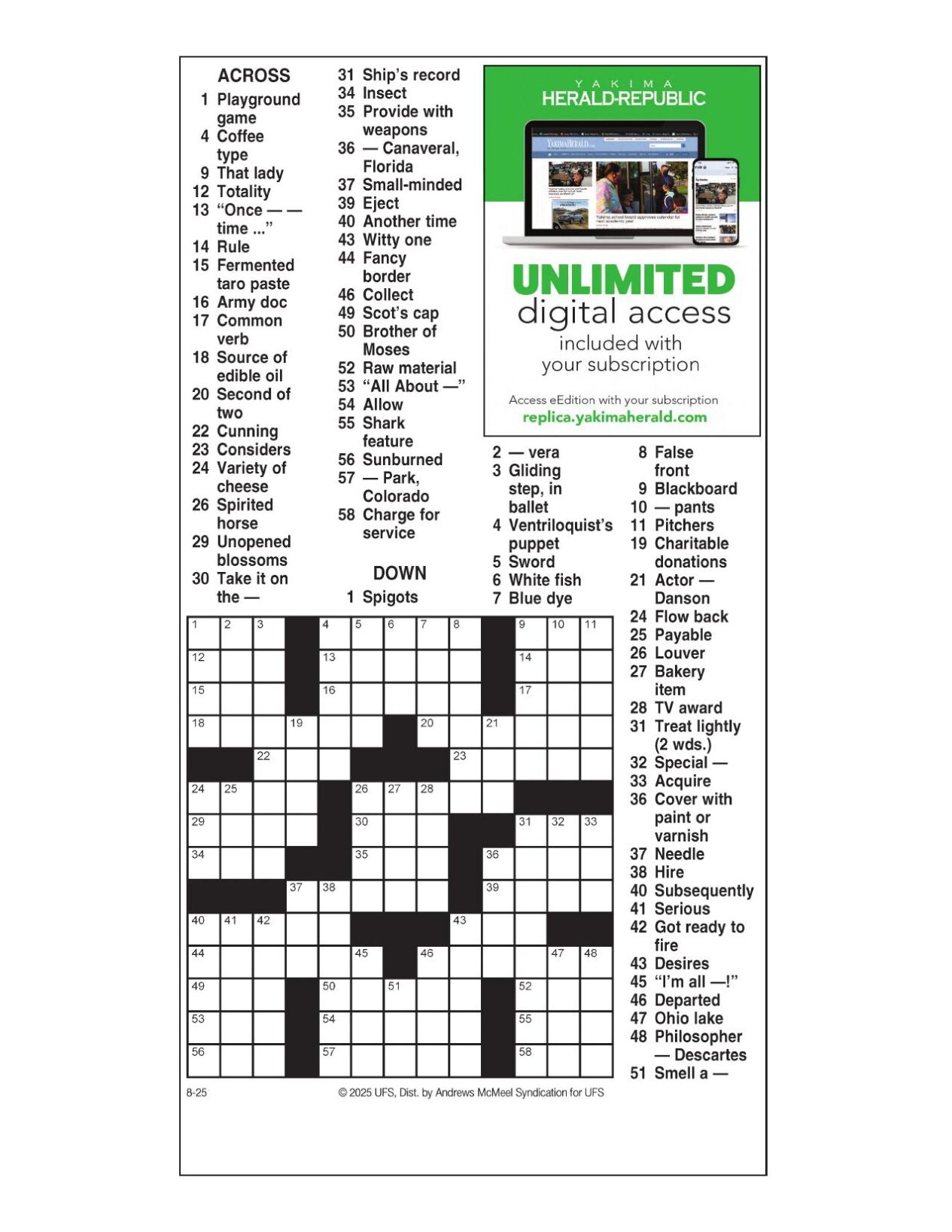 AM Crossword: Aug. 25, 2025 | Crosswords | yakimaherald.com